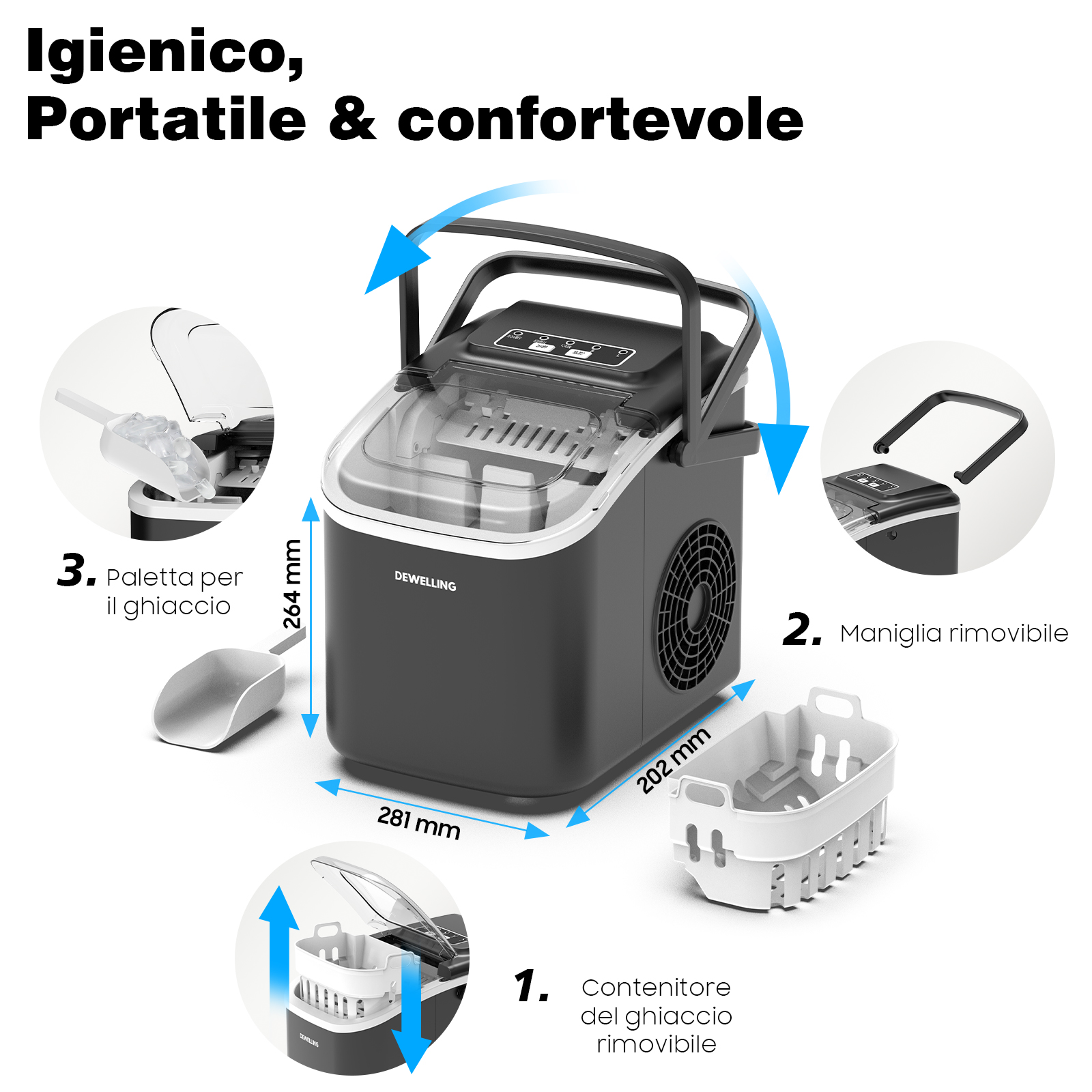 Macchina per il ghiaccio con contenitore, maniglia e paletta rimovibili.