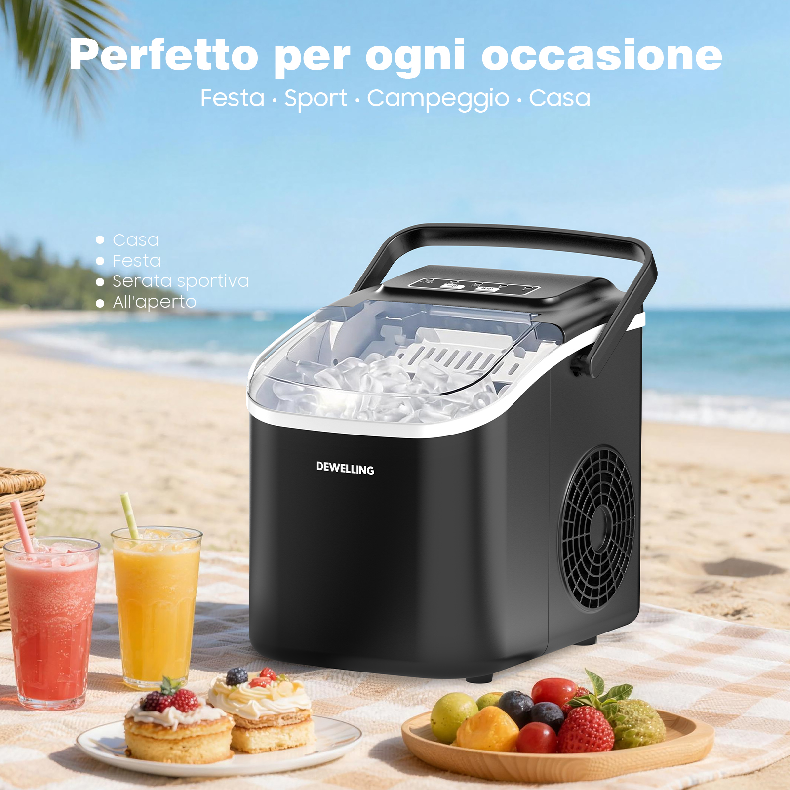 Una macchina per il ghiaccio nera su una spiaggia con bevande e torte.