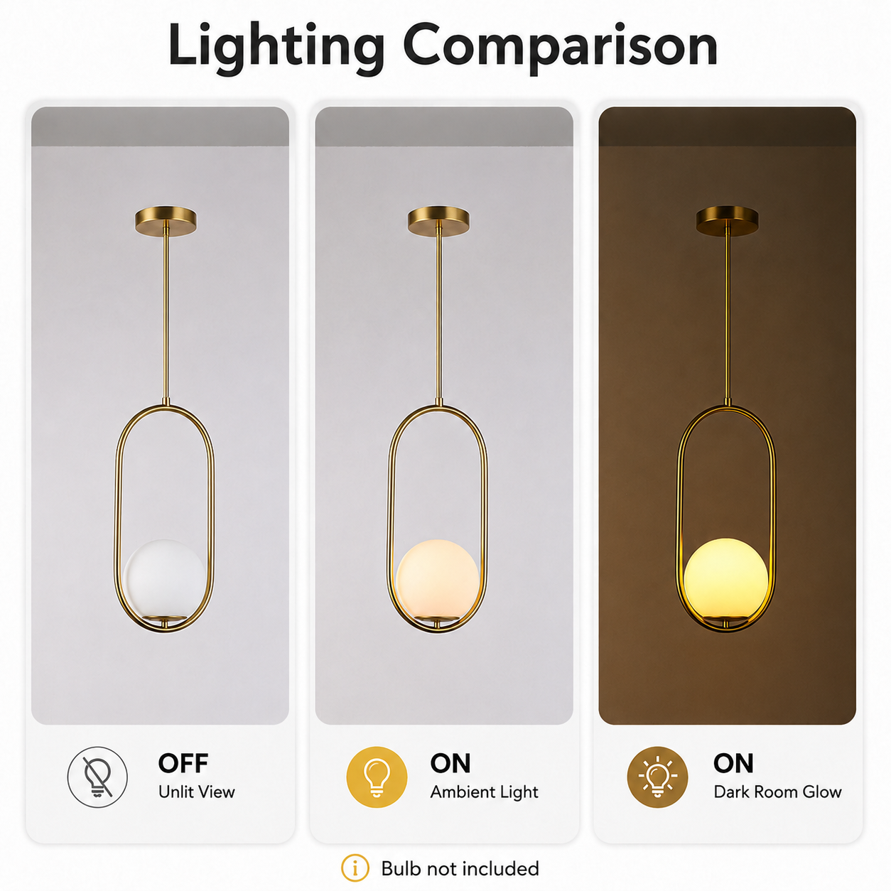 Comparación de iluminación: Apagado, Luz ambiental, Brillo en cuarto oscuro. Lámpara colgante dorada.