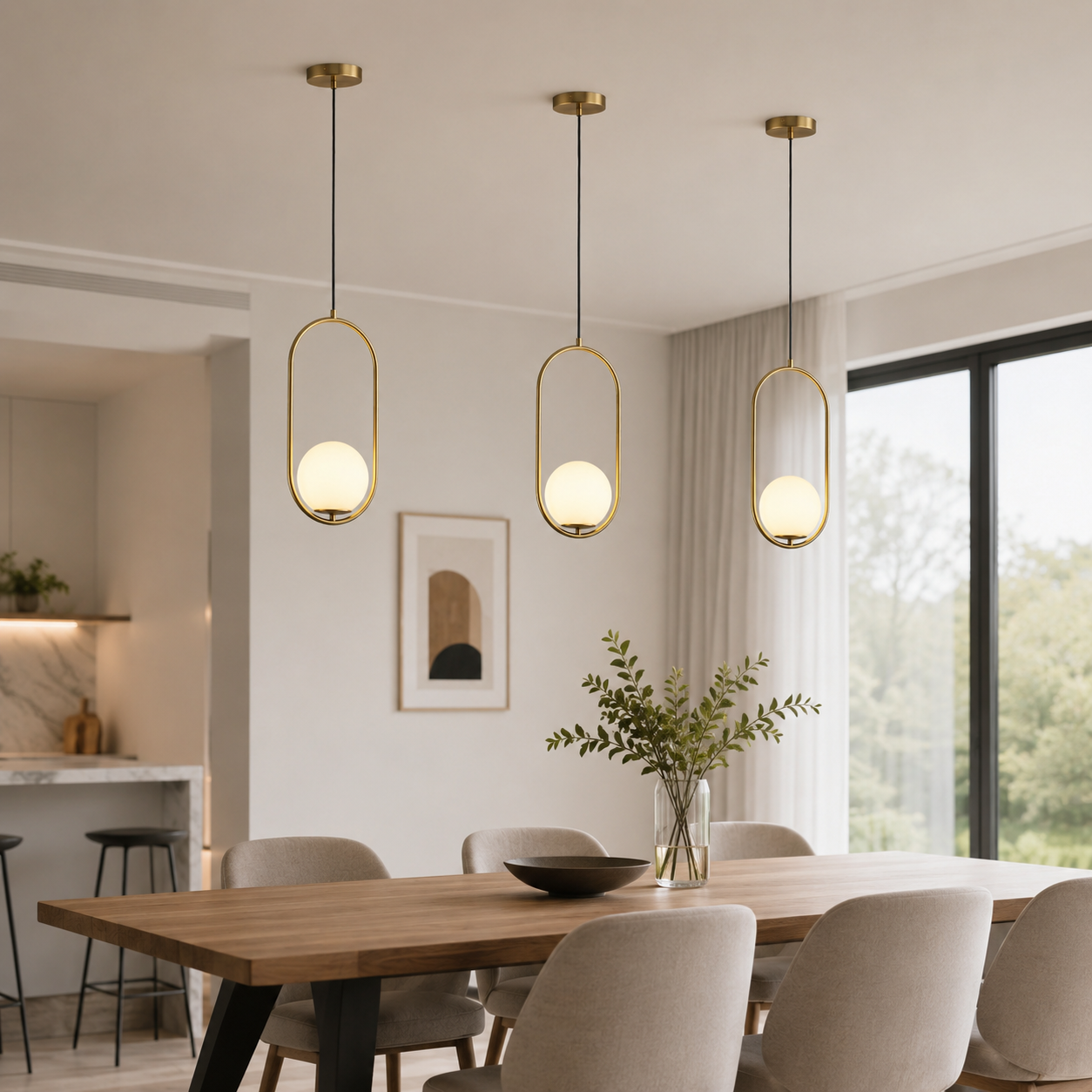 Tres lámparas colgantes doradas sobre una mesa de comedor de madera.