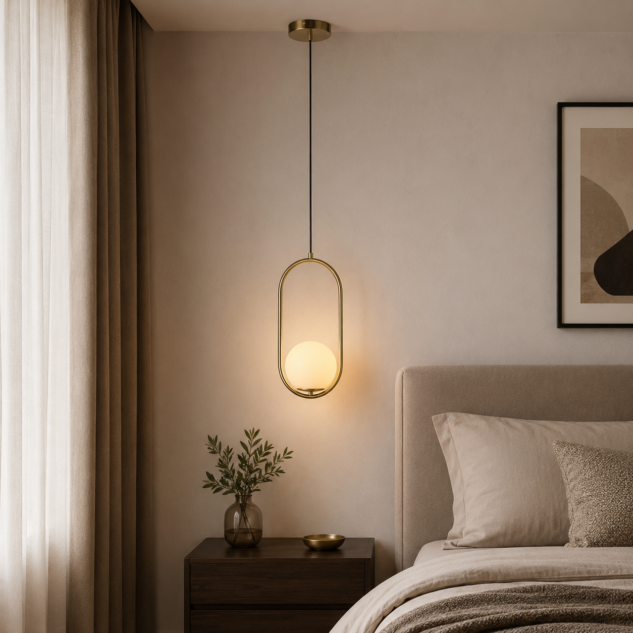 Un dormitorio moderno con lámpara colgante, cama, mesita y cortinas.