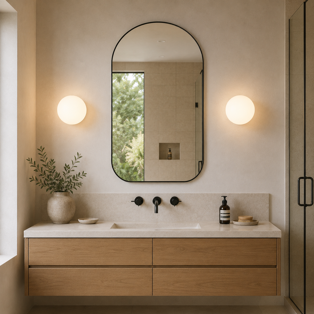 Baño moderno con mueble de madera, lavabo de piedra, espejo y apliques de pared.