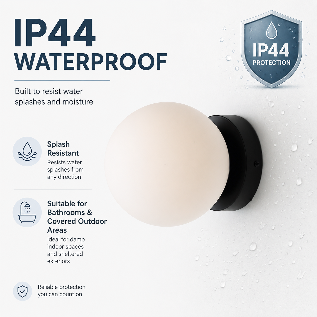 Luz de pared IP44 impermeable con pantalla blanca redonda y base negra.