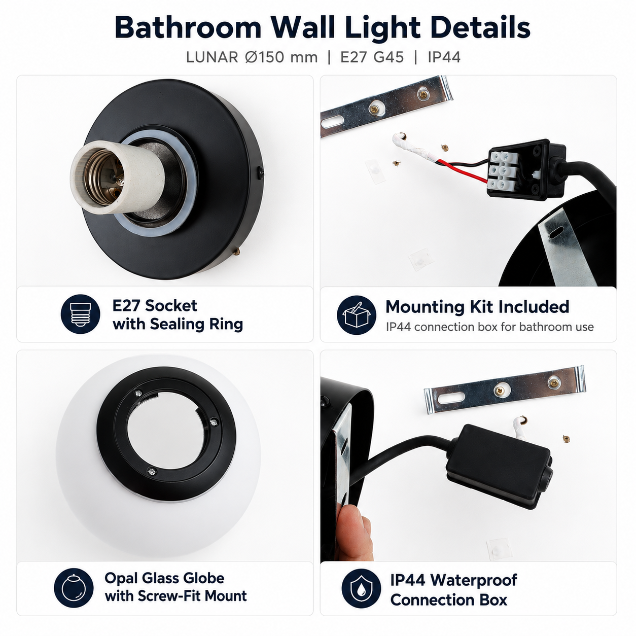 Detalles aplique baño: portalámparas E27, kit montaje, globo opal y caja conexión IP44.