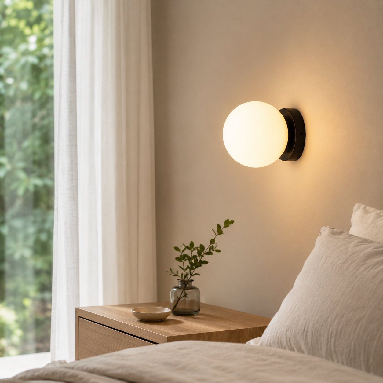 Un dormitorio minimalista con lámpara de pared brillante, mesita de noche de madera y cortinas.