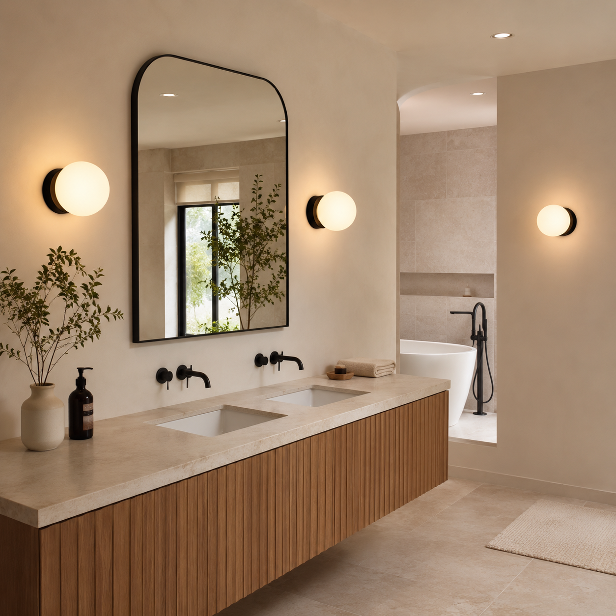 Baño moderno con tocador doble, espejo arqueado y bañera exenta.