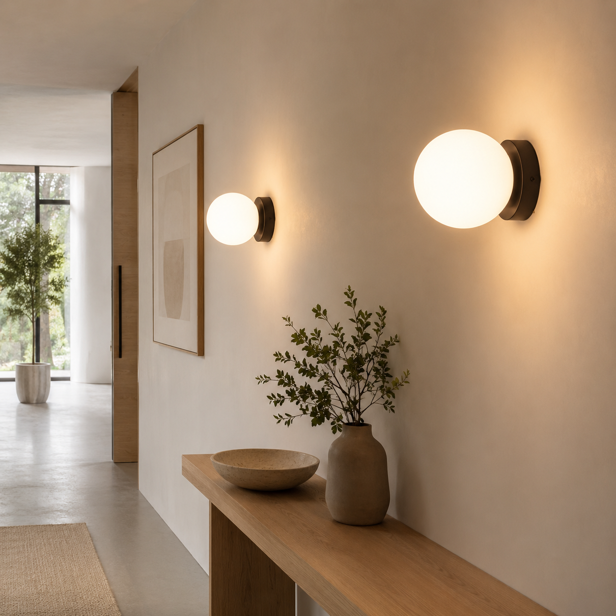 Un pasillo con dos apliques de pared, una mesa de madera, un jarrón con ramas y un cuenco.