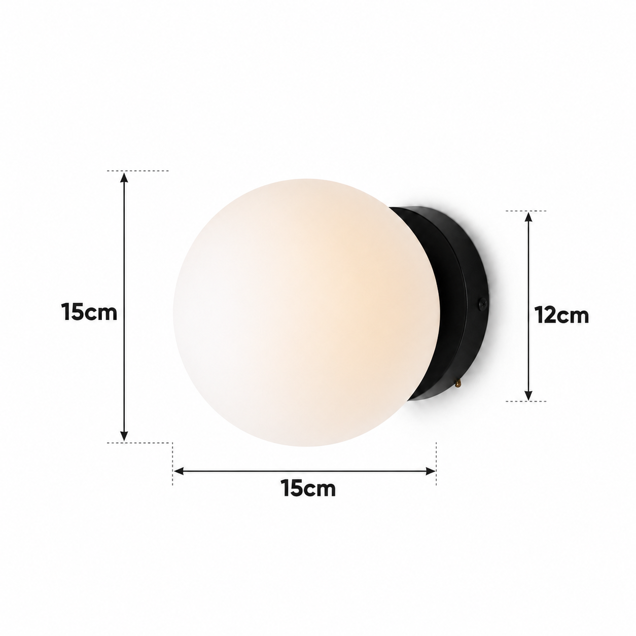 Una lámpara de pared esférica blanca con base negra. Dimensiones: 15cm An, 15cm Al, 12cm Pr.