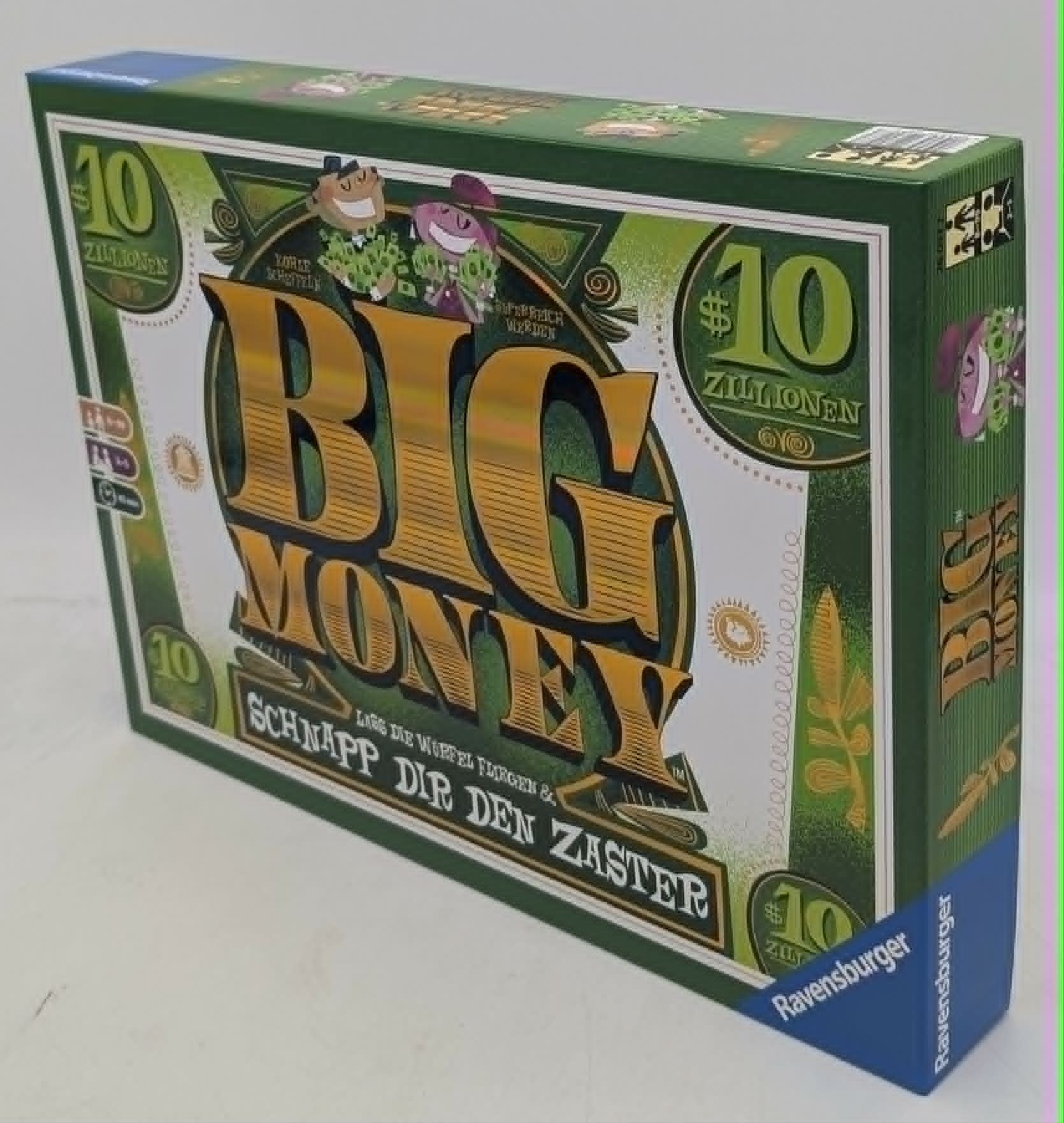 Spiel "Big Money" von Ravensburger mit grünem Design und gelbem Schriftzug.