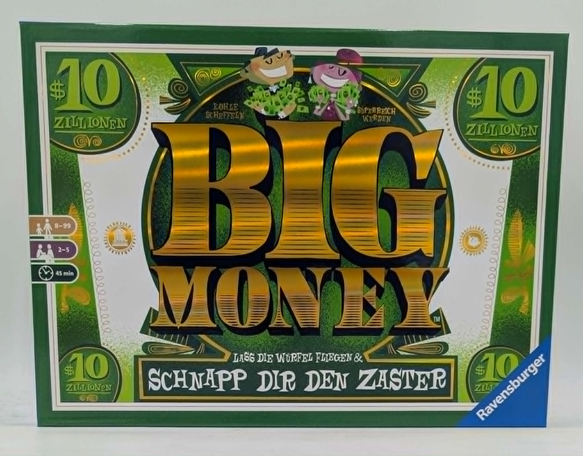 Spiel "Big Money" von Ravensburger mit Dollar-Symbolen und zwei Cartoon-Figuren.