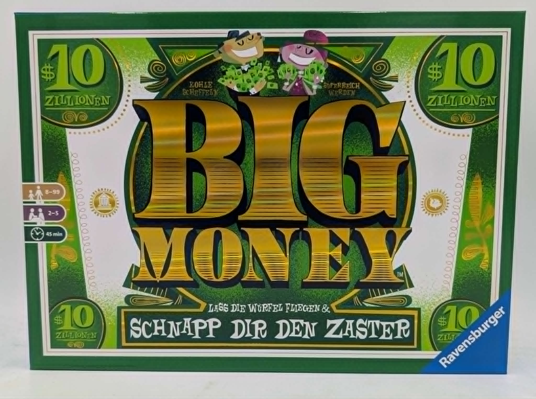 Spielbrett "Big Money" mit grünen und goldenen Dollar-Motiven, Figuren und Spielinformationen.
