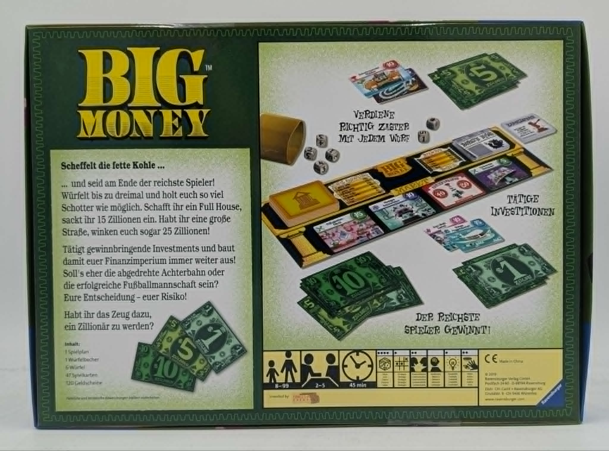 Spielbrettrückseite von "Big Money" mit Spielgeld, Würfeln, Karten und Regeln.