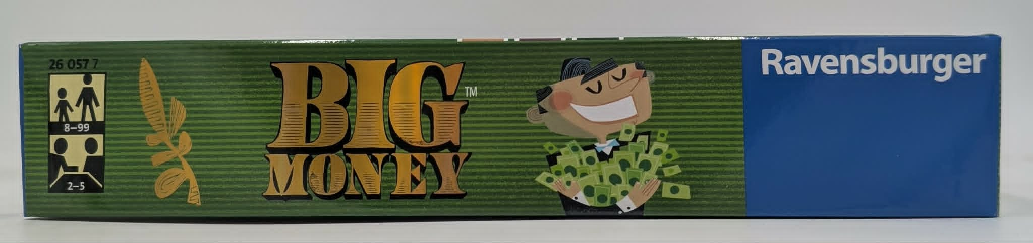 Brettspiel-Box mit der Aufschrift "BIG MONEY" und einem Mann mit Geld. Ravensburger.
