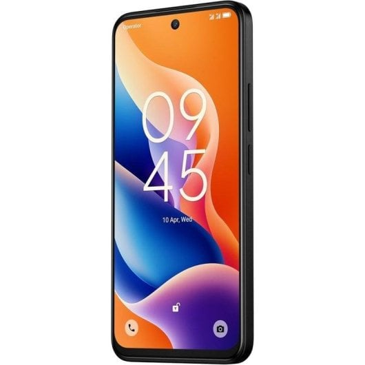 Czarny smartfon wyświetlający 09:45 na kolorowej tapecie.