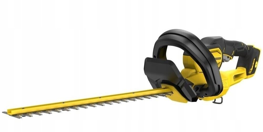 Un tagliasiepi a batteria giallo e nero con lunghe lame di taglio.