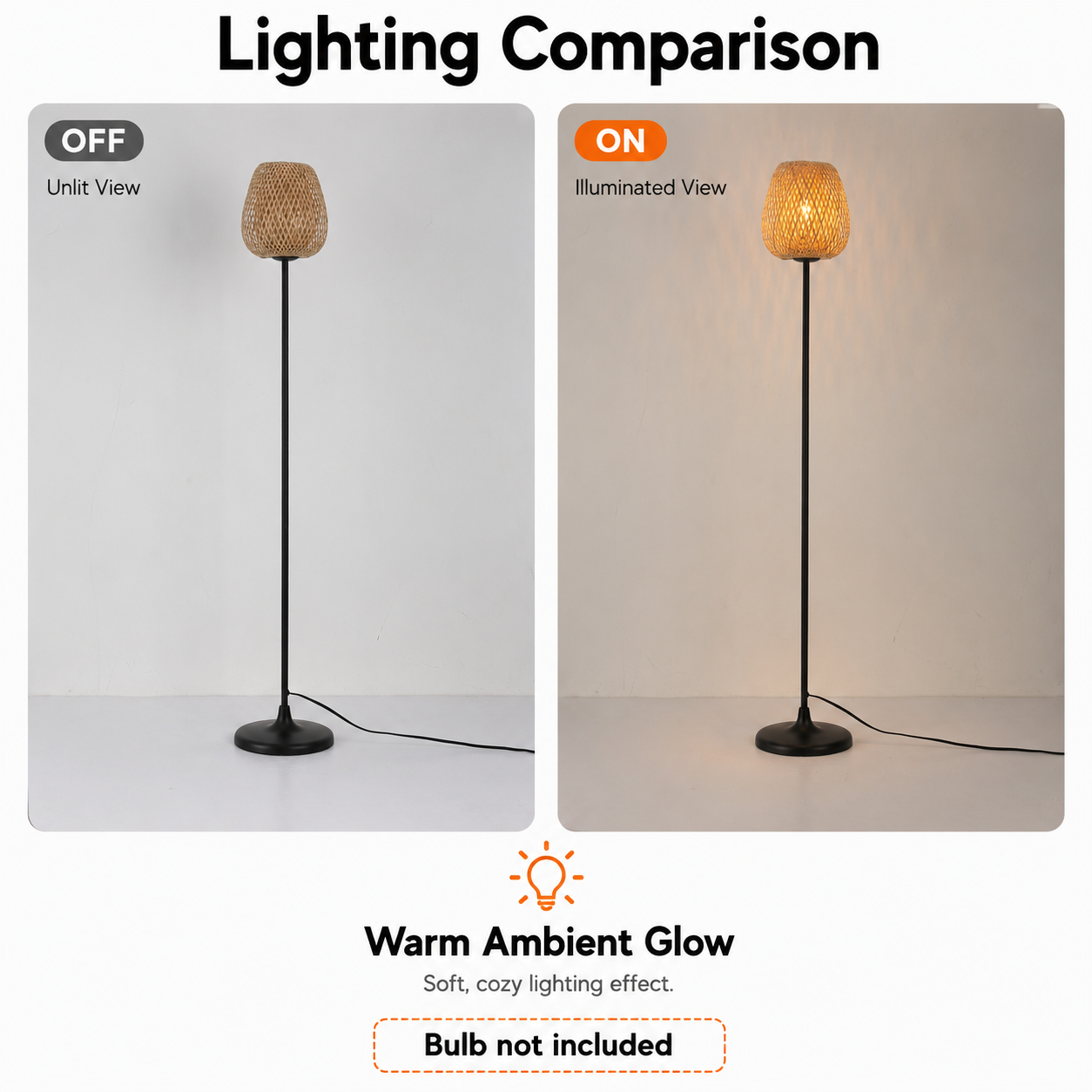 Comparación de lámpara de pie: vista apagada y encendida.
