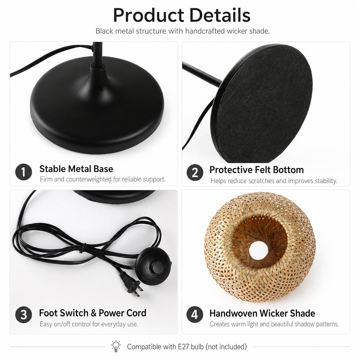 Detalles del producto: base de metal negro, base de fieltro, cable y pantalla de mimbre.