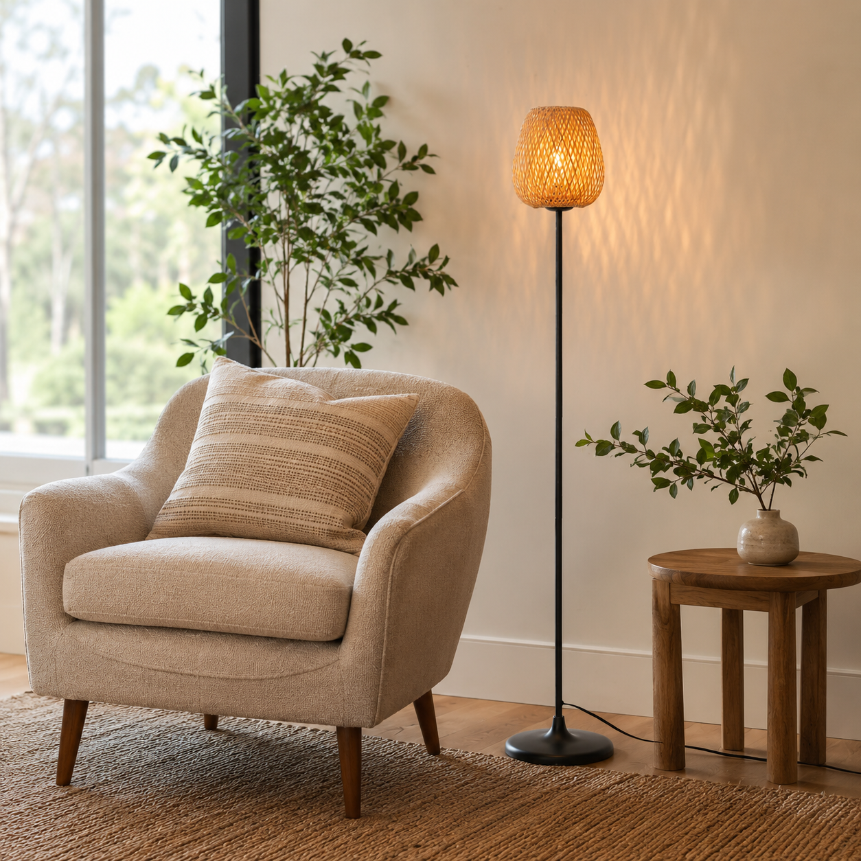 Un sillón beige con cojín junto a una lámpara de pie con pantalla de mimbre.