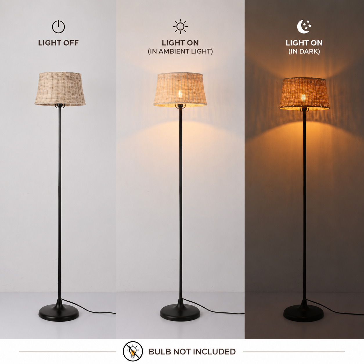 Un trío de lámparas de pie mostrando luz apagada, encendida con luz ambiental y en oscuridad.
