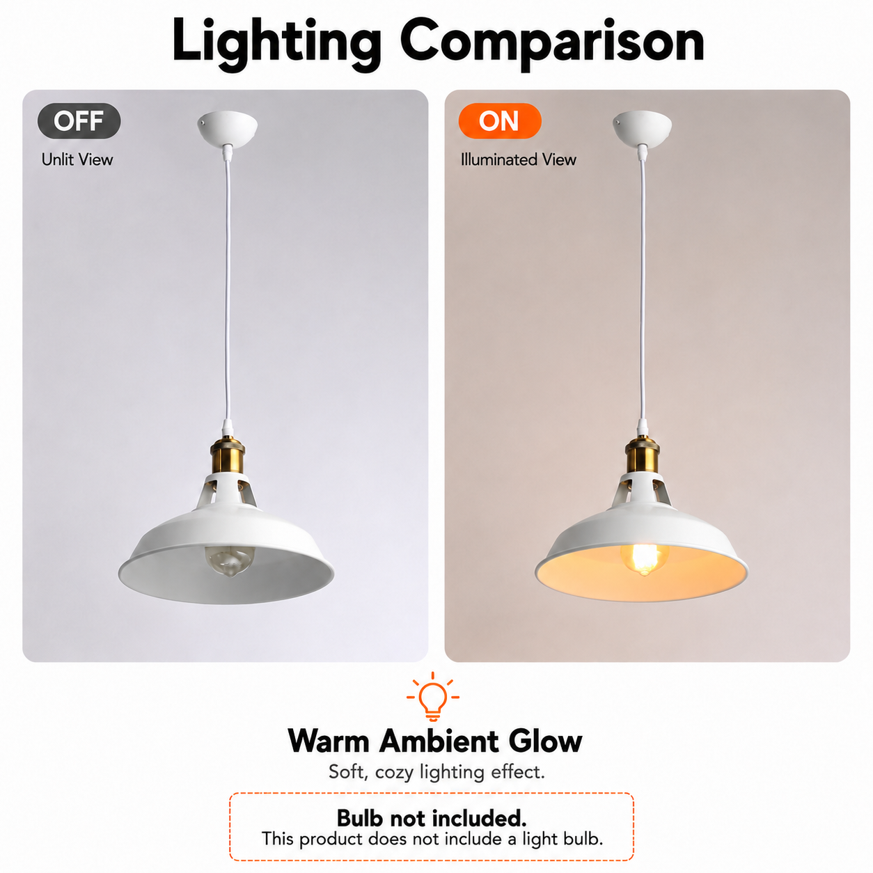 Comparación de iluminación: Lámpara apagada y encendida, mostrando brillo cálido.