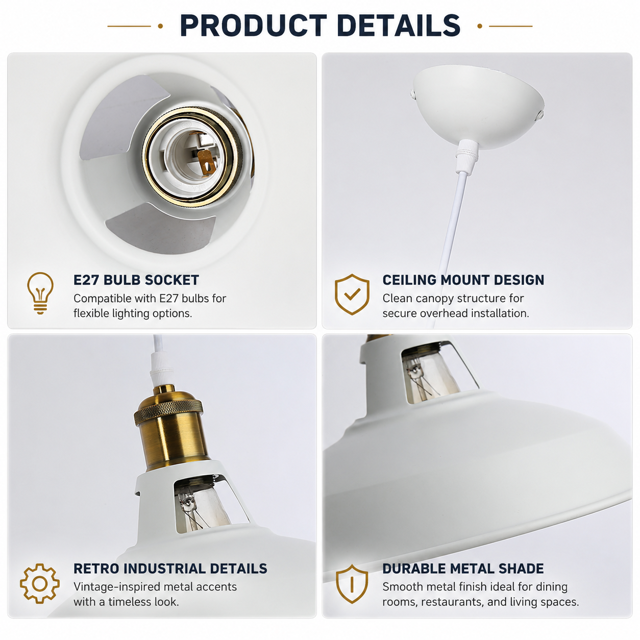 Detalles del producto: portalámparas E27, montaje en techo, detalles industriales retro, pantalla metálica duradera.
