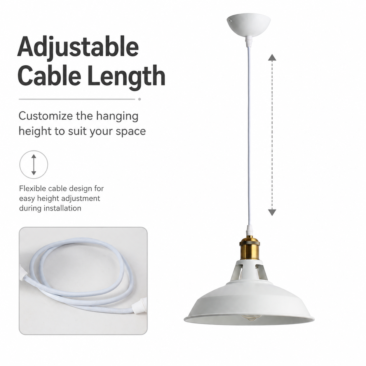 Lámpara colgante blanca con cable ajustable y detalles de latón.