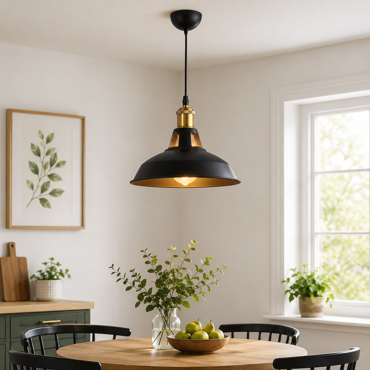 Una lámpara colgante negra cuelga sobre una mesa de madera con peras y vegetación. Hay una ventana al fondo.