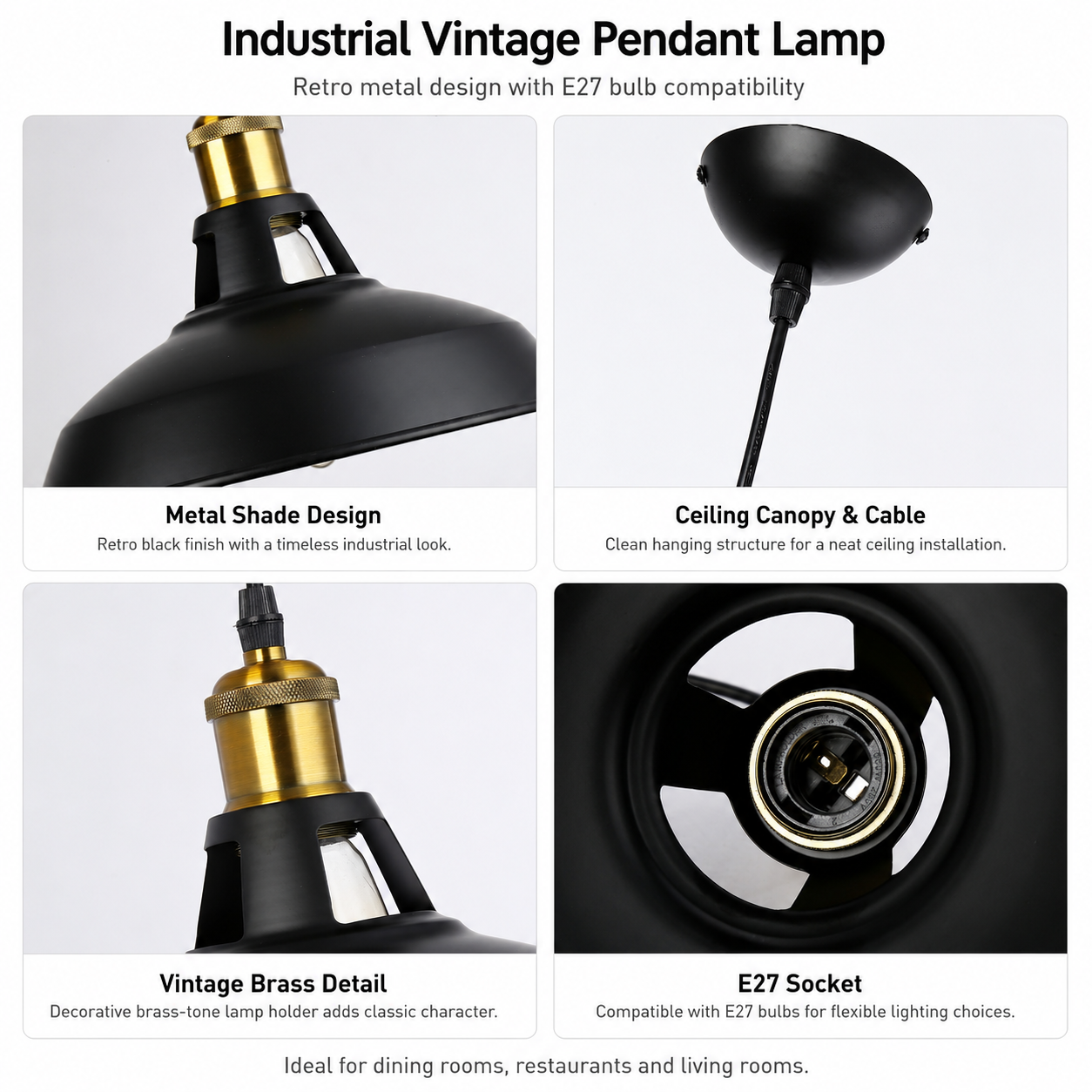 Cuatro imágenes que muestran detalles de una lámpara colgante industrial vintage negra con detalles de latón.
