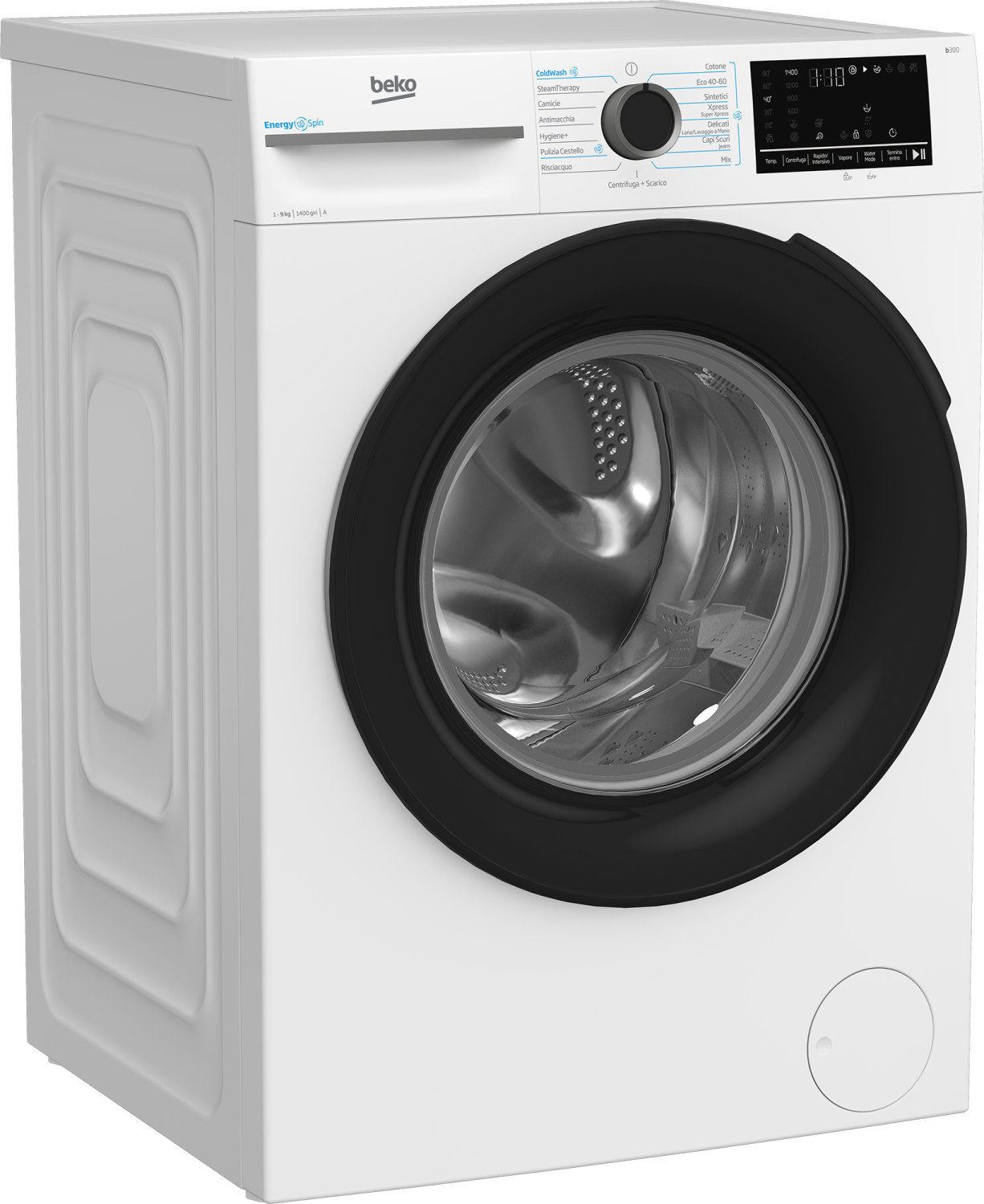 Una lavatrice Beko bianca con oblò e pannello di controllo neri.