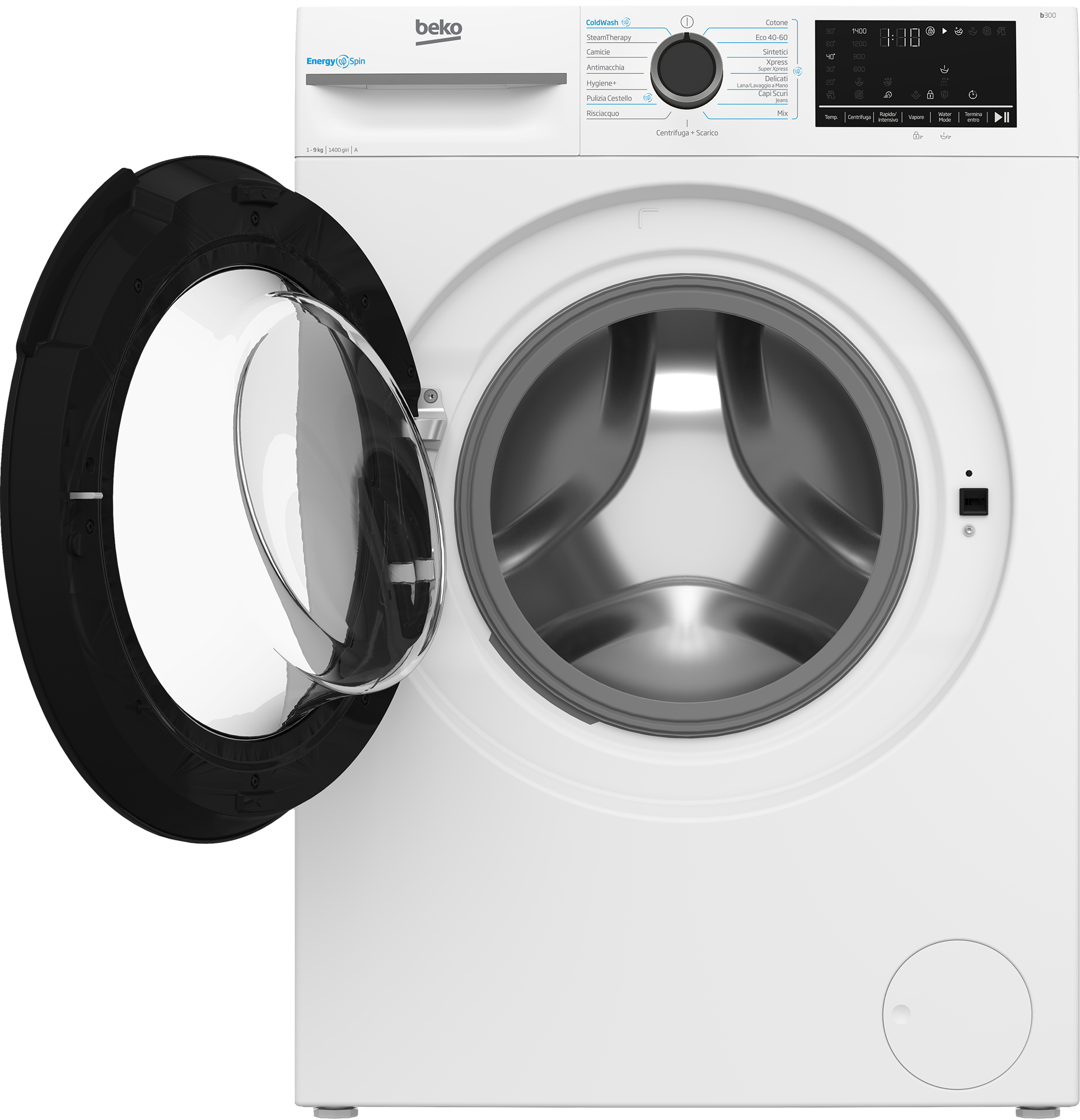 Una lavatrice Beko bianca con oblò aperto, che rivela un cestello argentato.