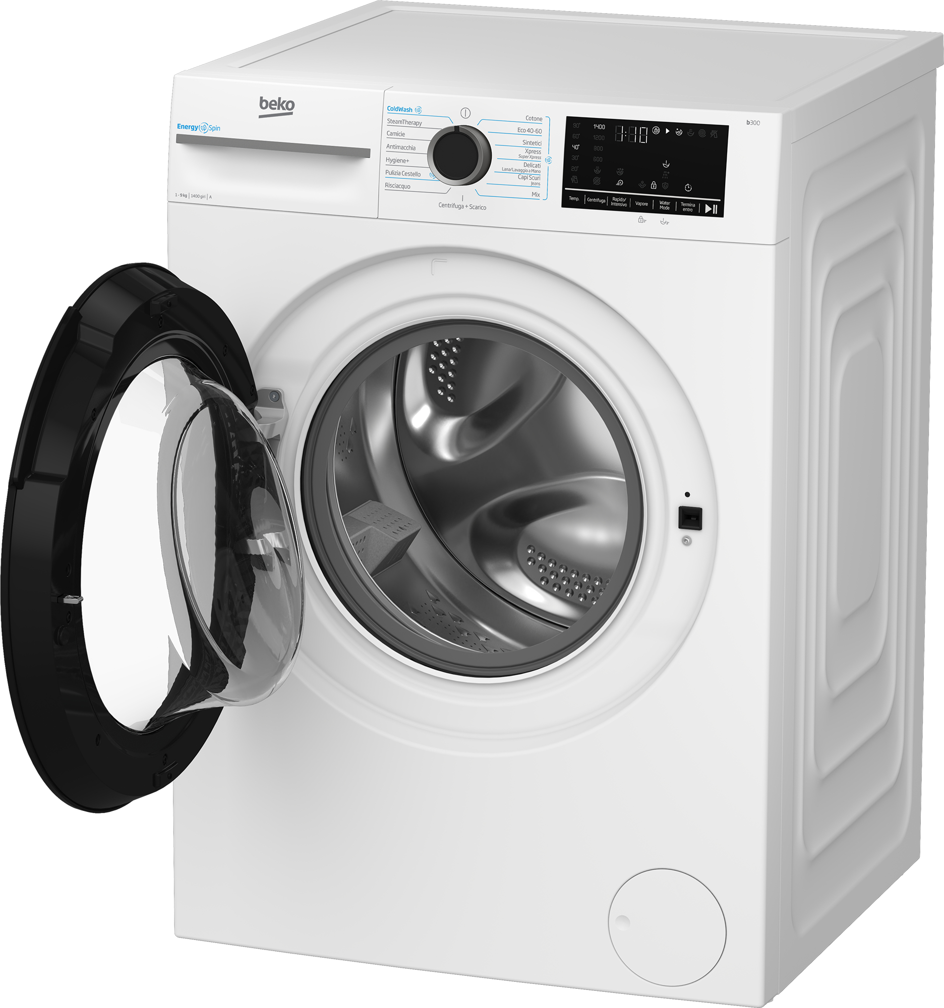 Una lavatrice Beko bianca con oblò nero aperto, che mostra il cestello argentato.