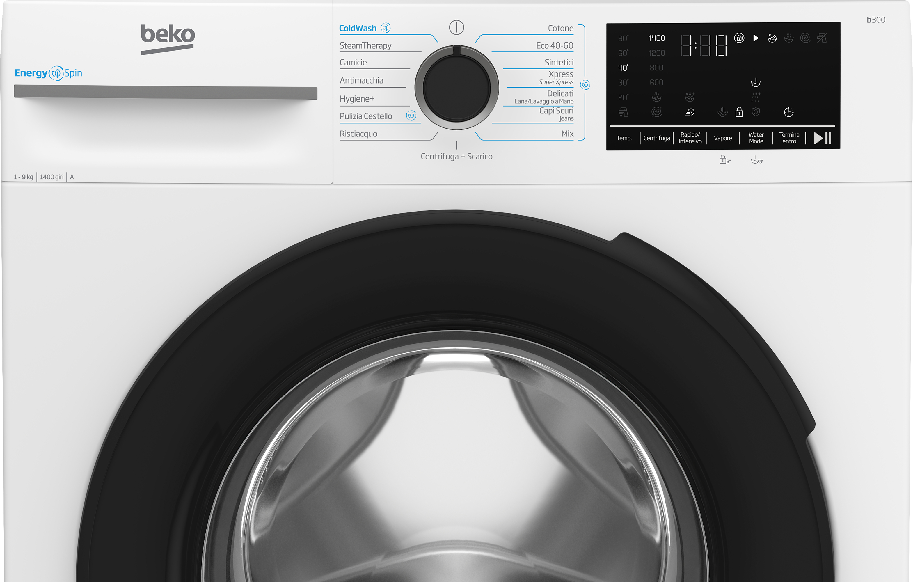Lavatrice Beko con display digitale e selettore programmi. Capacità 1-9 kg.