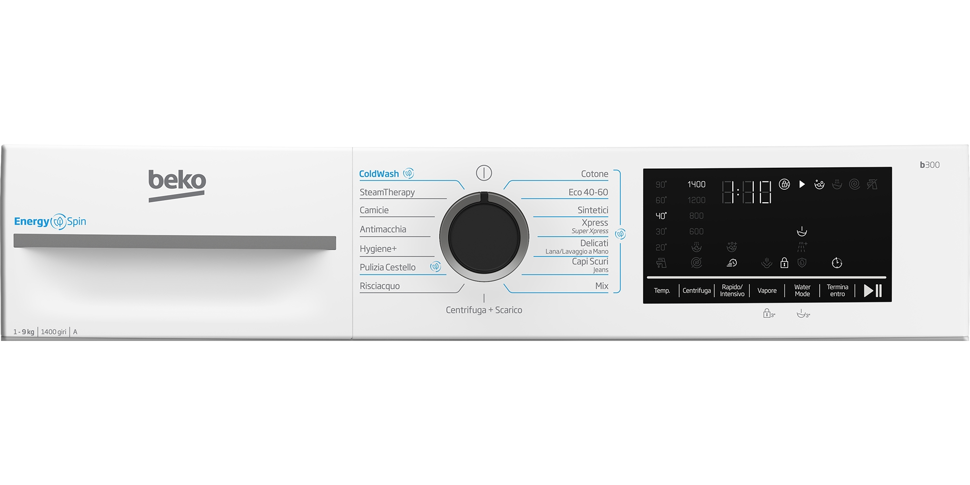 Lavatrice Beko bianca con pannello comandi, selettore programmi e display digitale.