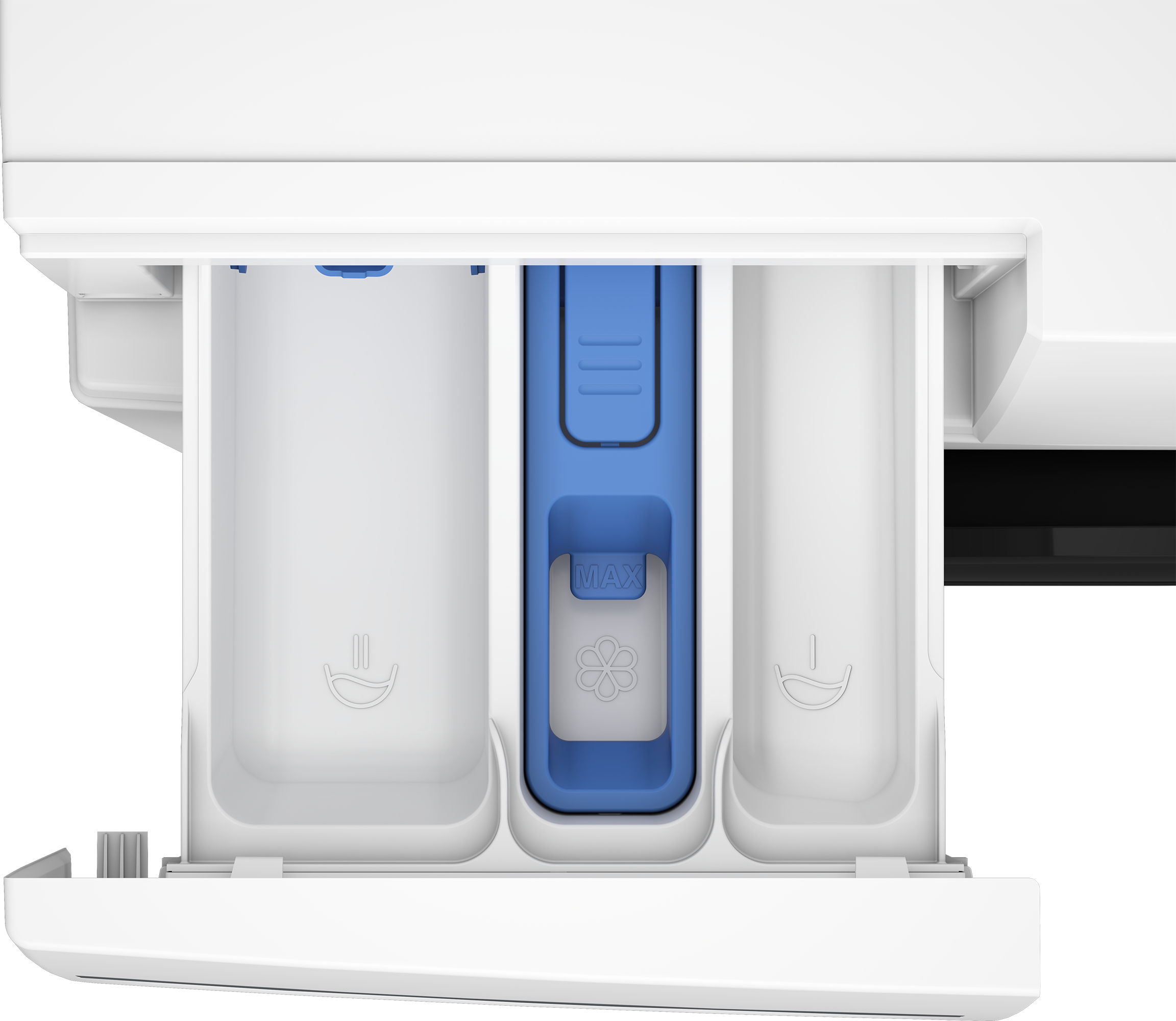 Un dispenser di detersivo bianco a tre scomparti. Un elemento blu al centro.