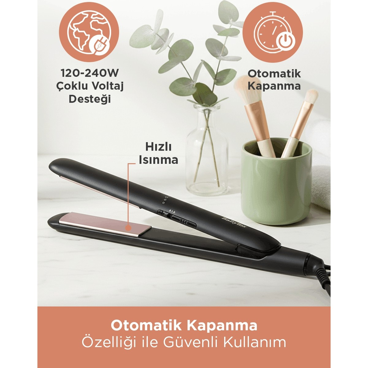 Plancha de pelo negra con placas rosas, cargador y brochas de maquillaje.
