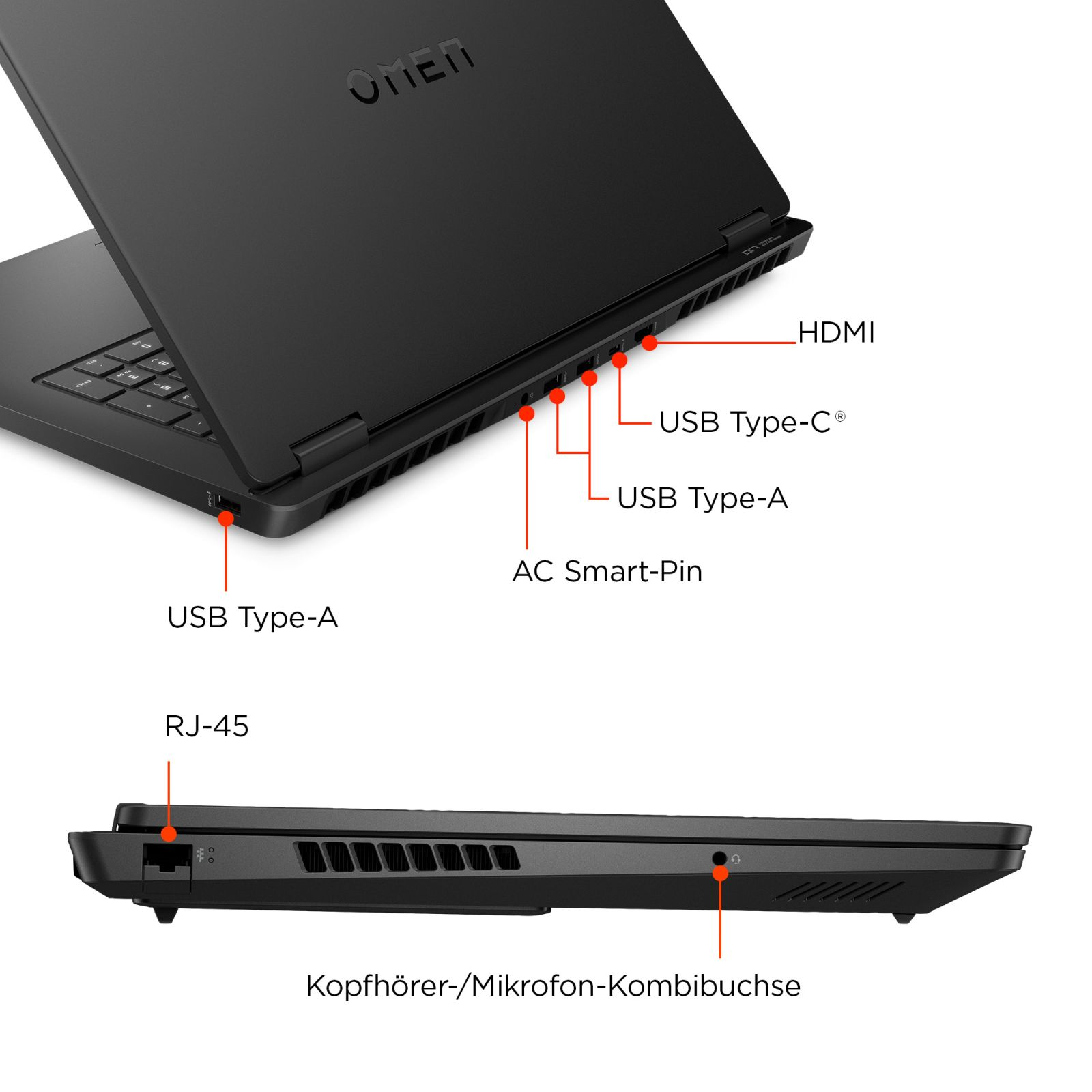 Schwarzer OMEN Laptop mit Anschlüssen: HDMI, USB-C, USB-A, AC, RJ-45, Kopfhörerbuchse.