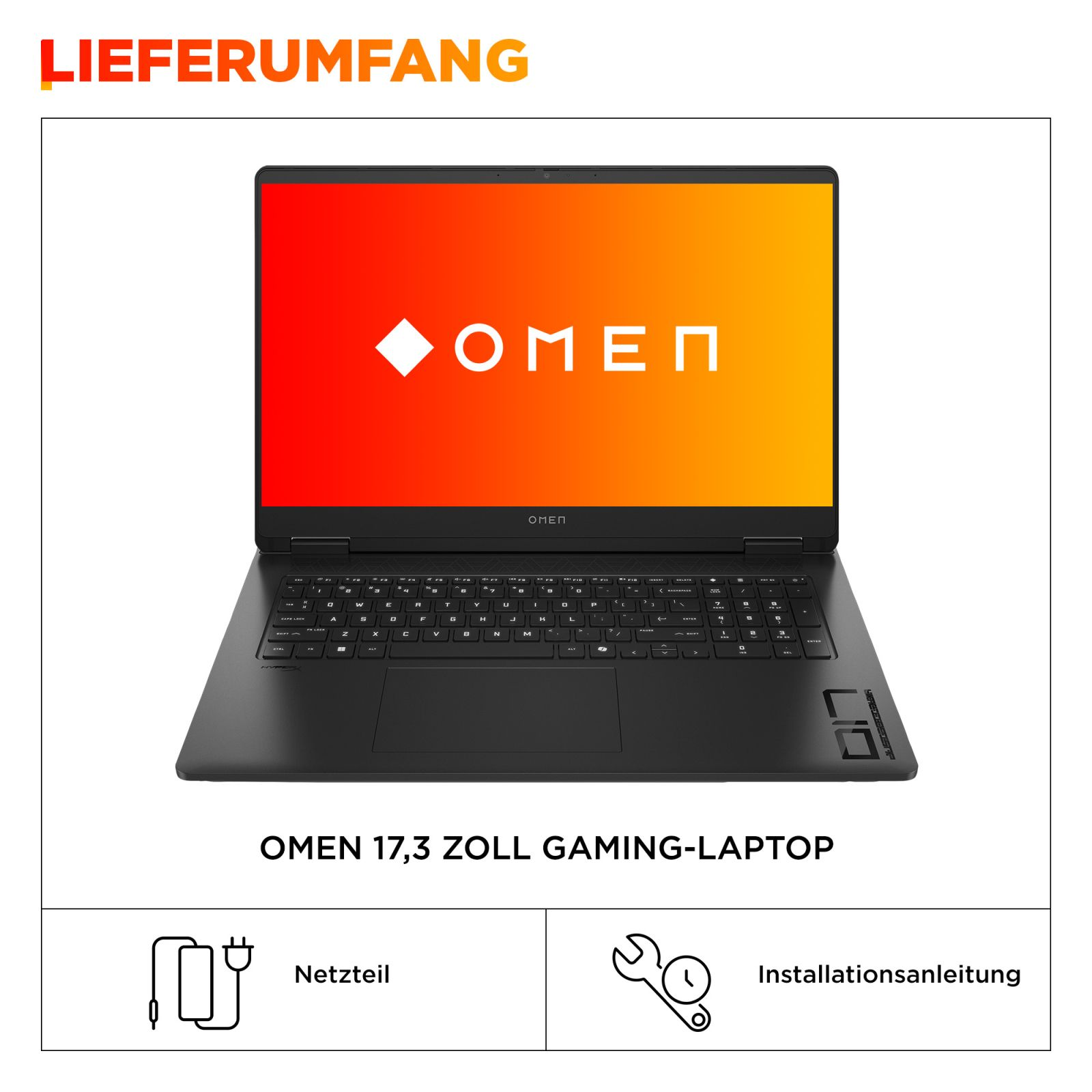 Schwarzer Gaming-Laptop mit Omen-Logo auf dem Bildschirm. Enthält Netzteil & Anleitung.