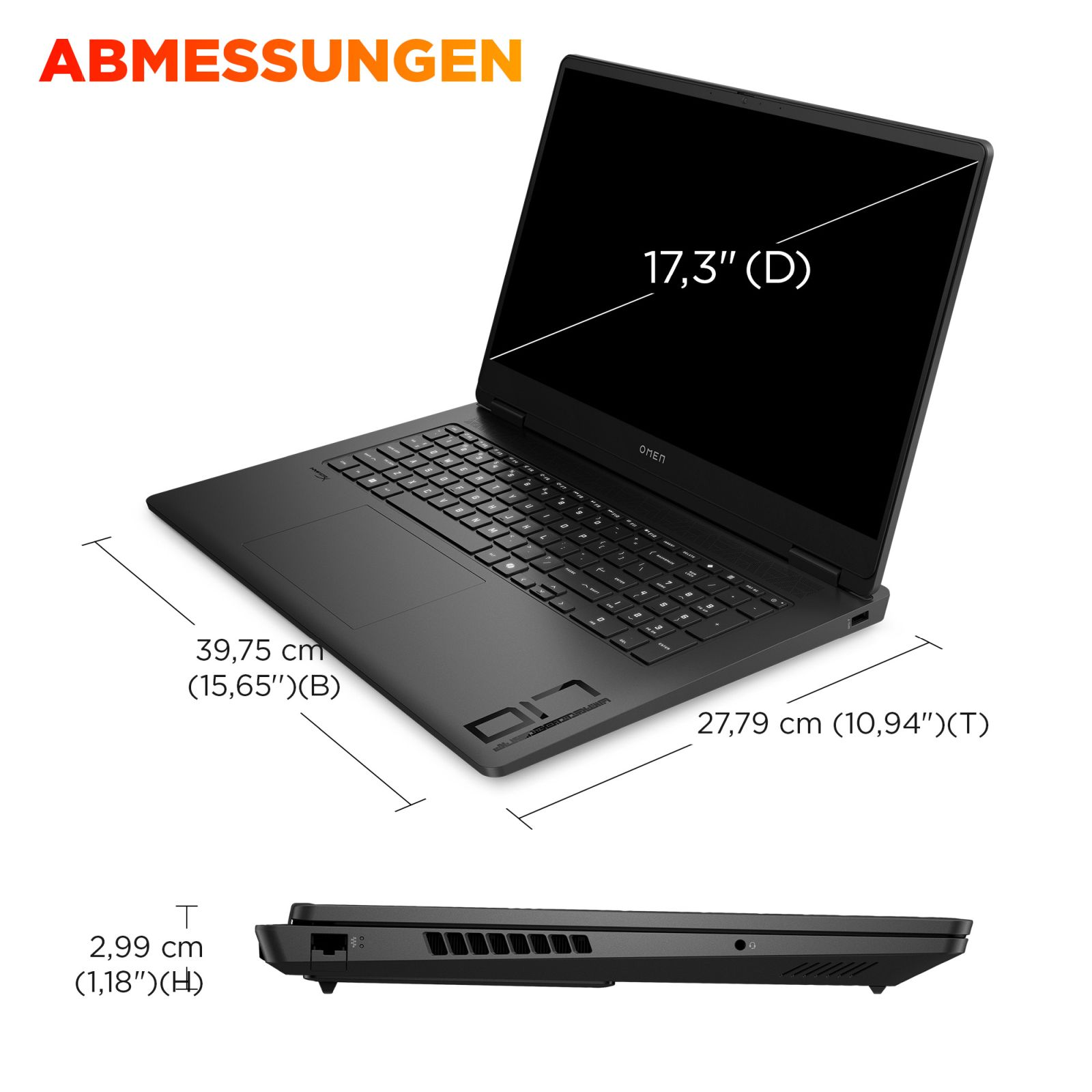 Schwarzer Laptop mit Maßen: 39,75 cm Breite, 27,79 cm Tiefe, 2,99 cm Höhe.