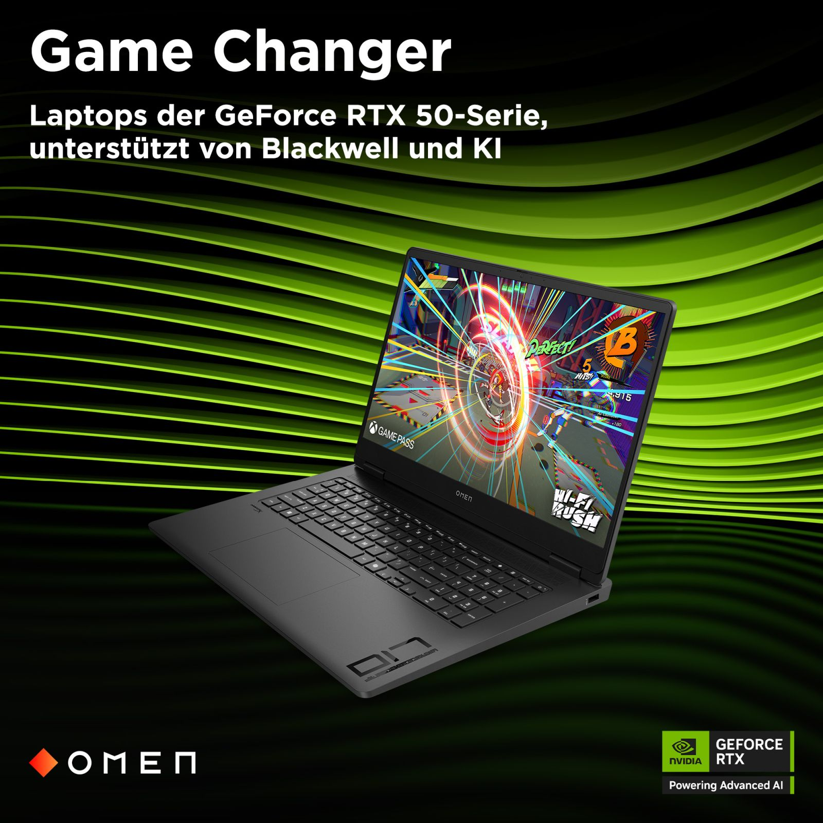 Schwarzer Laptop mit leuchtendem Bildschirm, der ein Rennspiel zeigt. Grüne Linien im Hintergrund.