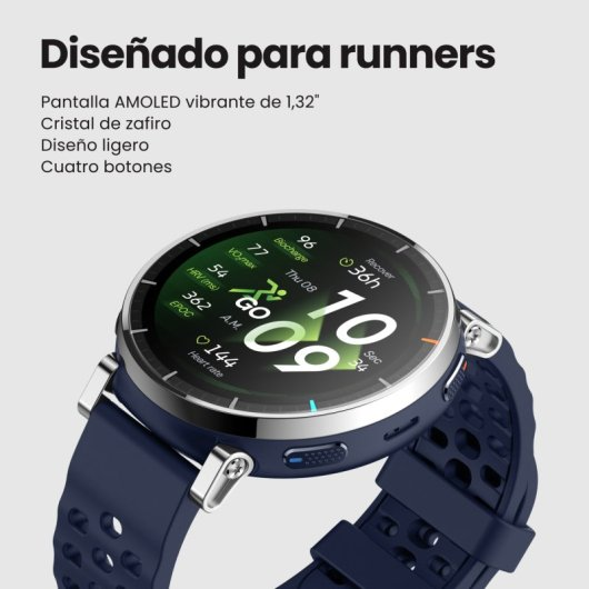 Une montre connectée bleu foncé avec écran AMOLED vibrant affichant des données.