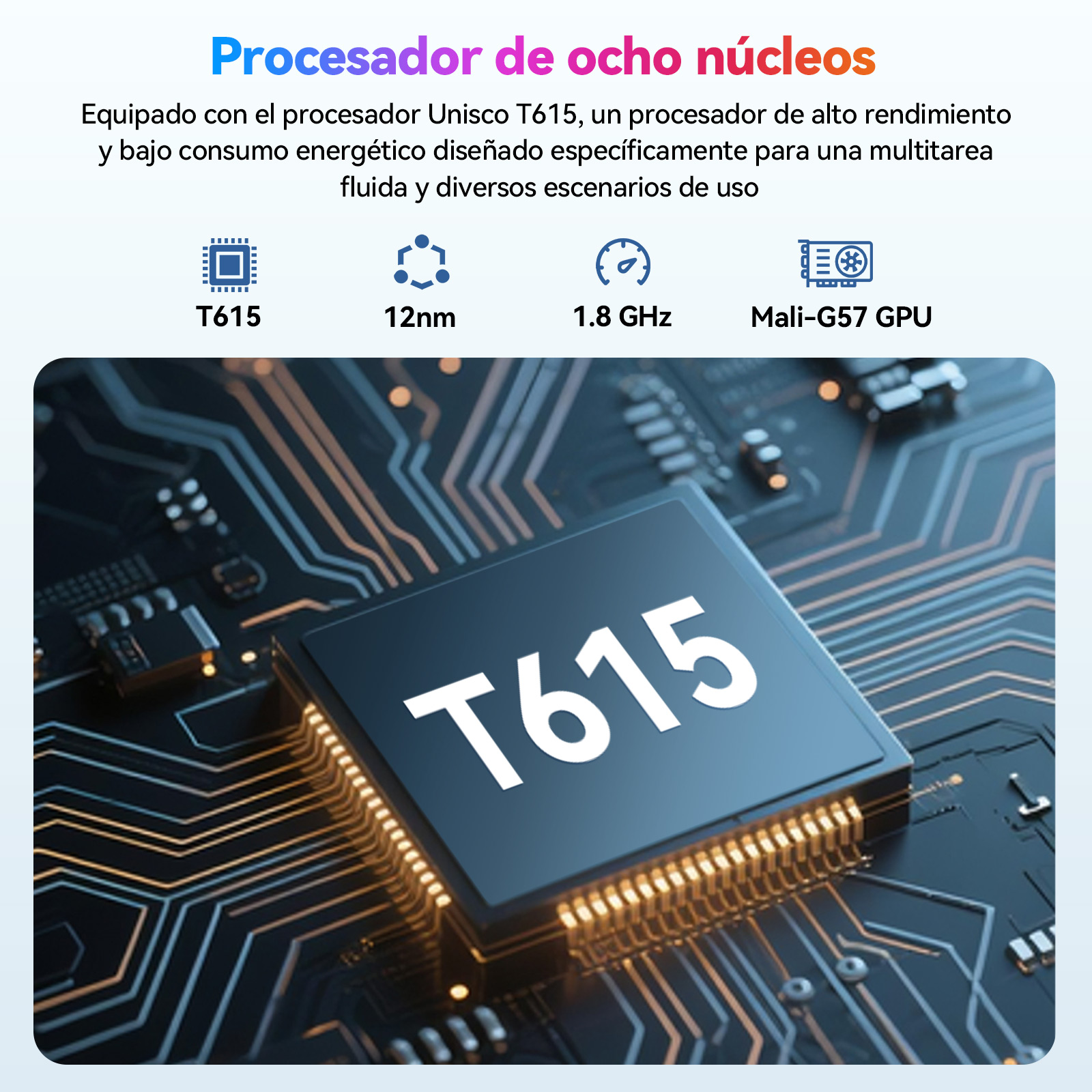 Primer plano de un procesador T615 en una placa de circuito con líneas iluminadas.