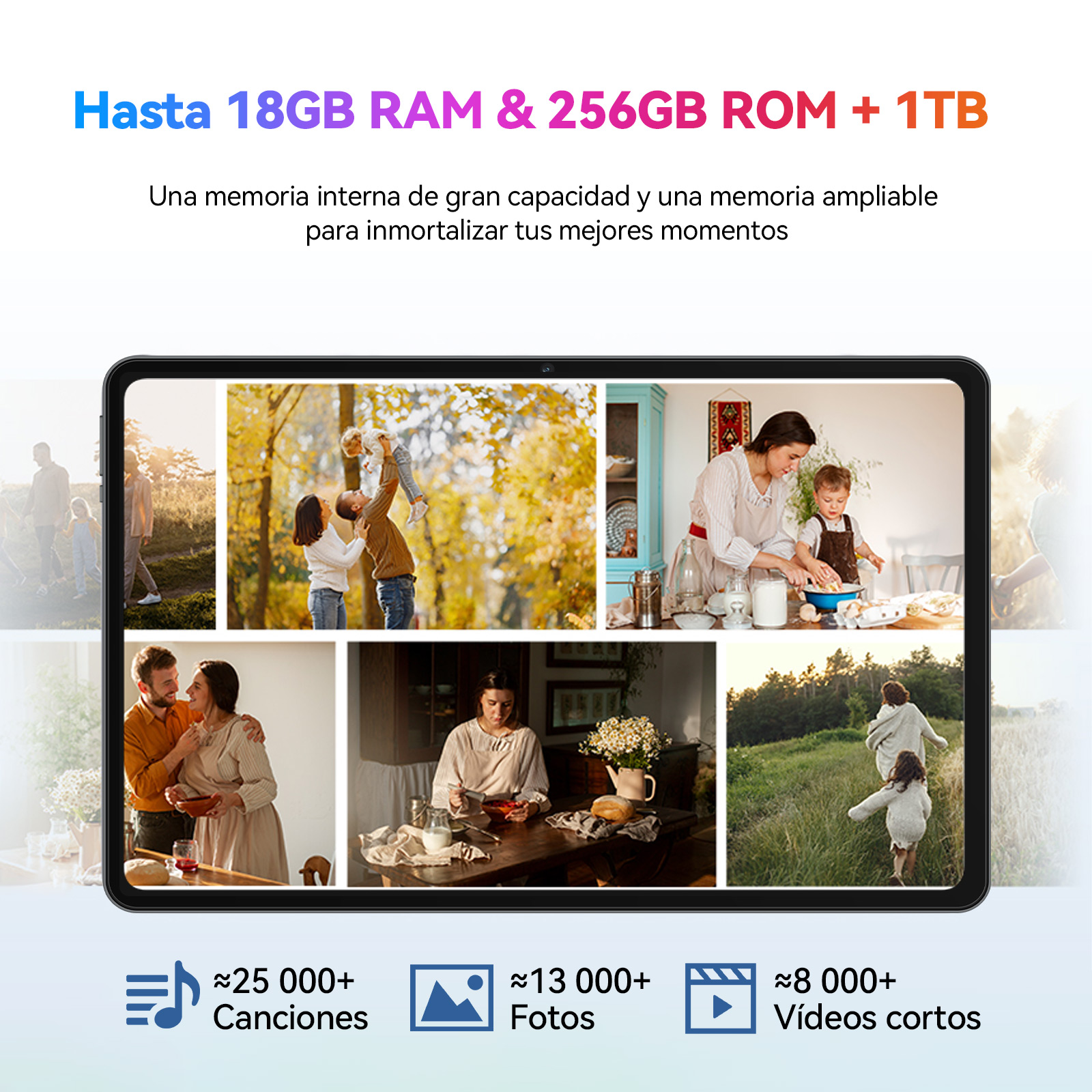 Pantalla de tablet con fotos familiares y especificaciones de almacenamiento: 18GB RAM, 256GB ROM, 1TB.