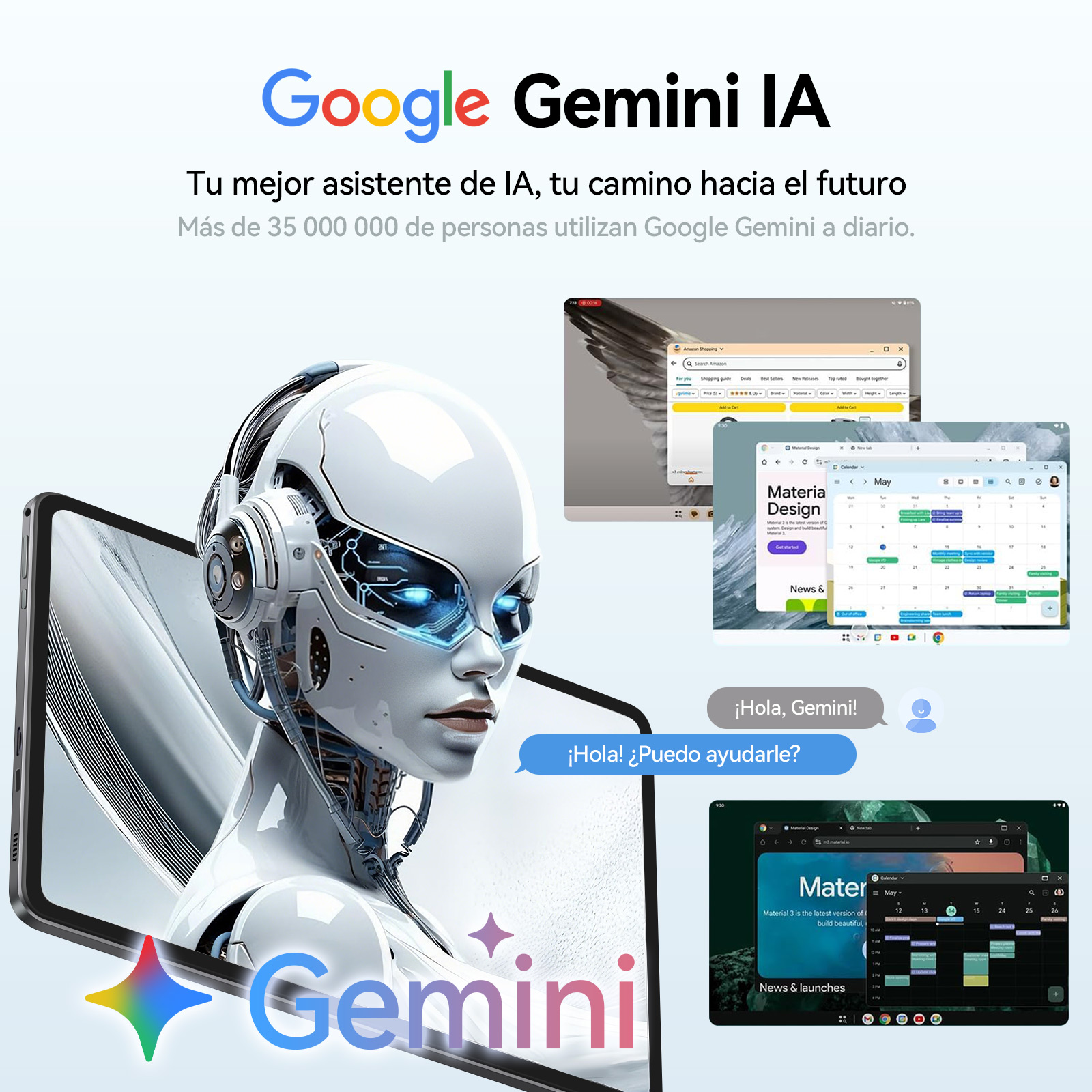 Un robot de IA emerge de un smartphone, rodeado de anuncios de Google Gemini.