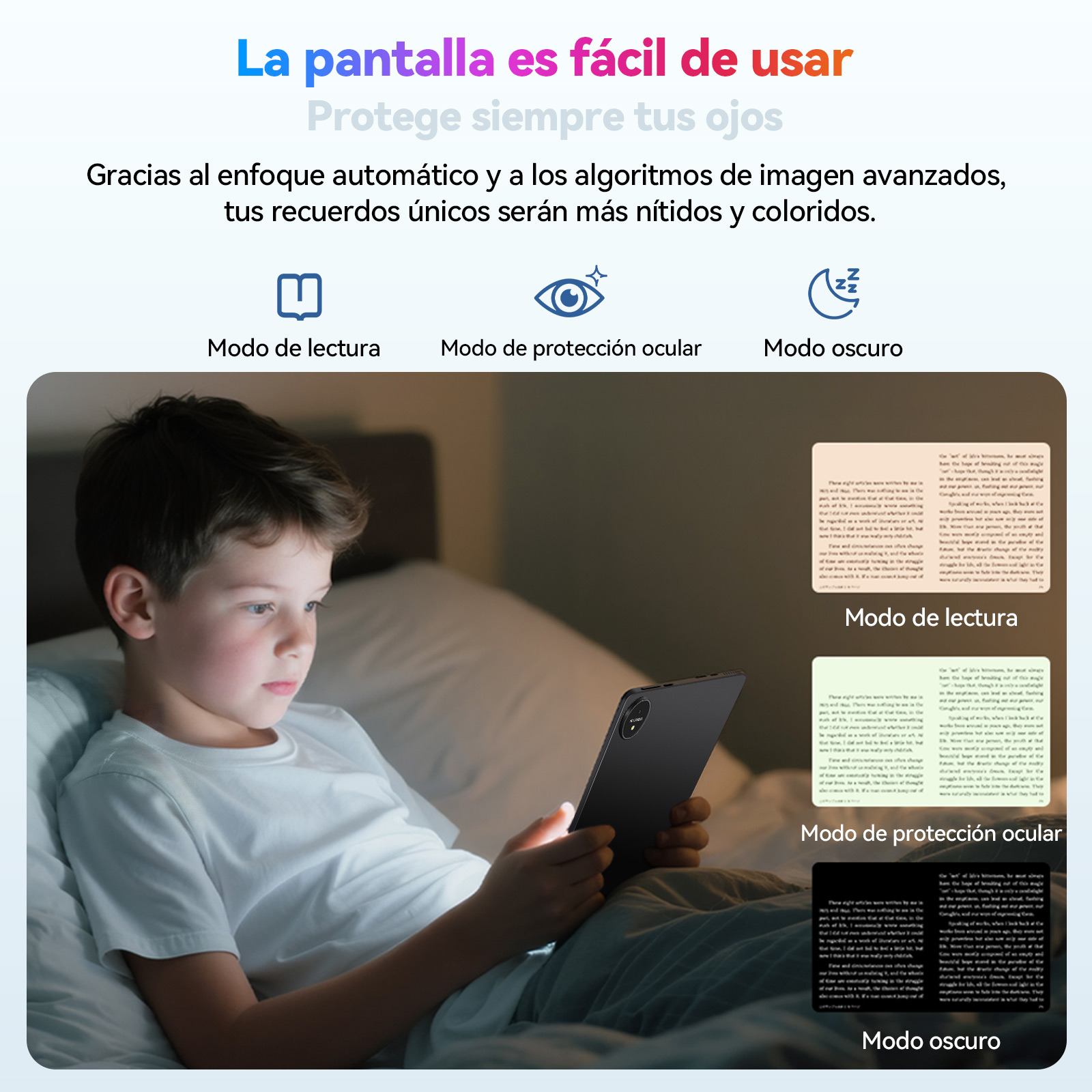 Niño lee en tablet mostrando tres modos de pantalla: Lectura, Protección ocular, Oscuro.