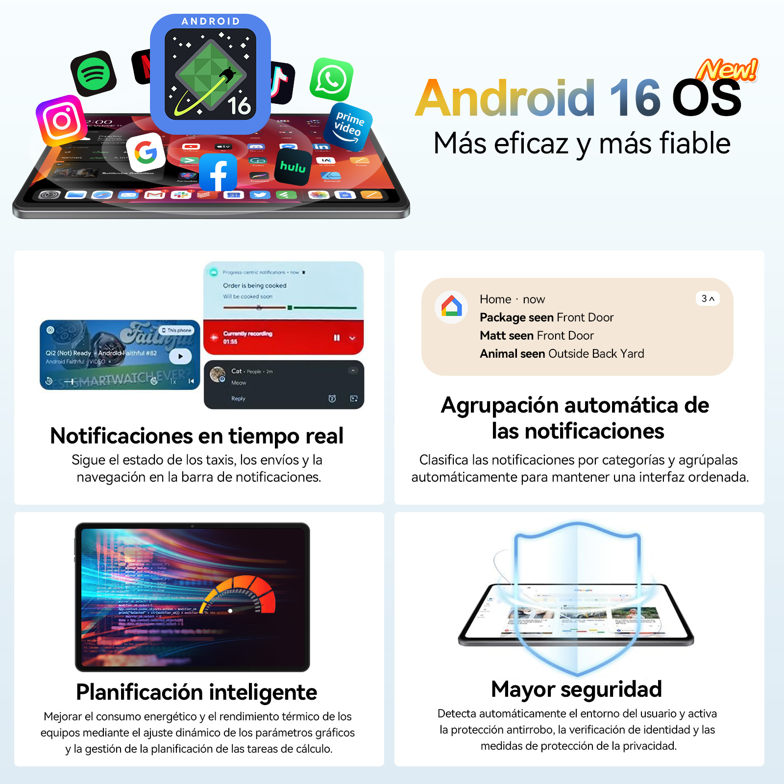 Android 16 OS con iconos de aplicaciones en una tablet. Secciones muestran notificaciones, planificación y seguridad.