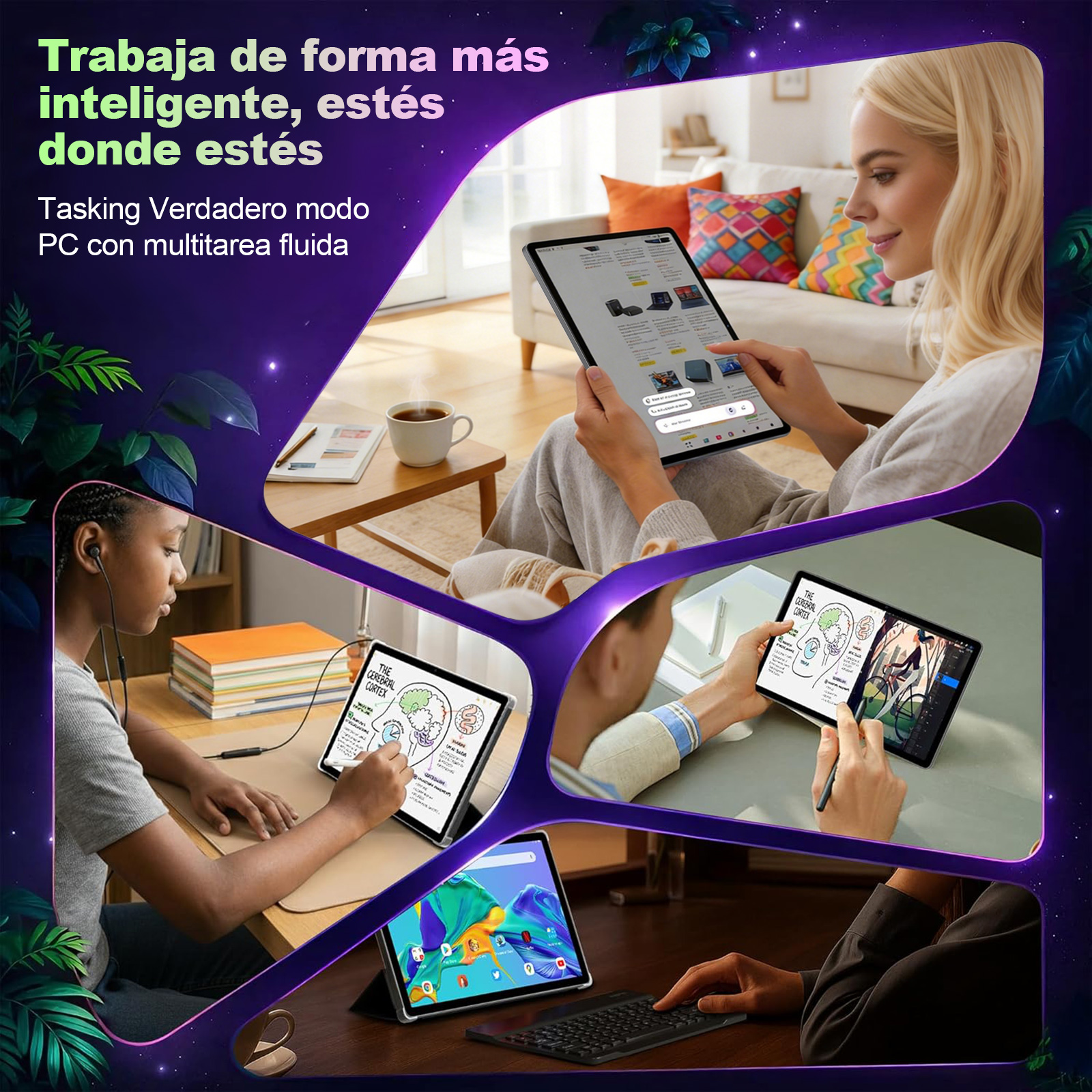 Una mujer usa una tablet en un salón. Abajo: Dos personas usan tablets para trabajar.