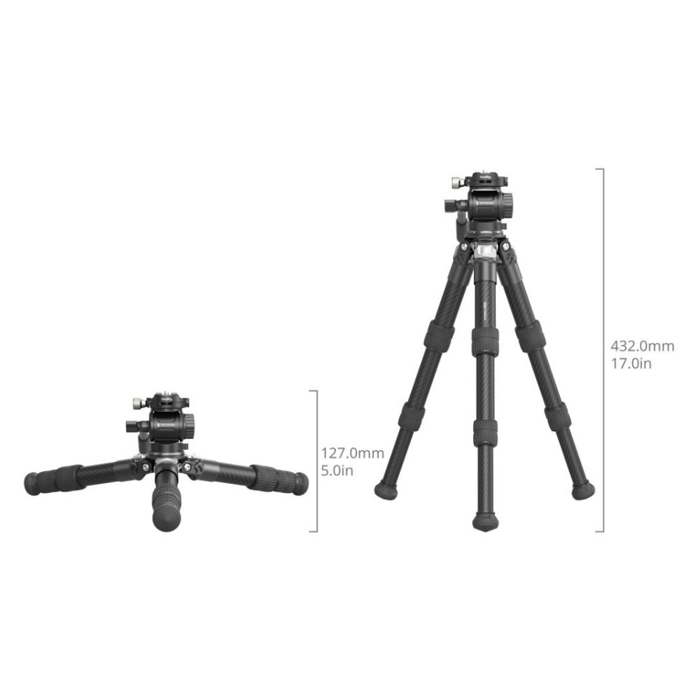 Twee carbon fiber statieven, één uitgeschoven (432 mm) en één ingeschoven (127 mm).