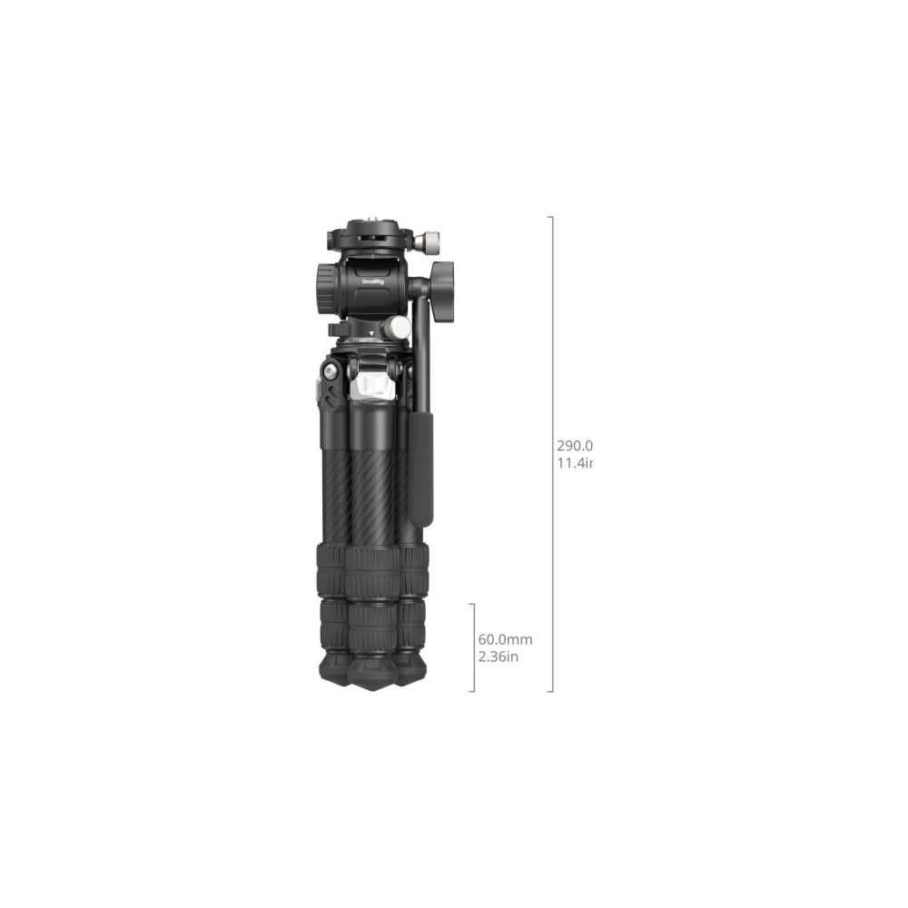 Compact zwart carbon statief met drie poten en verstelbare kop.