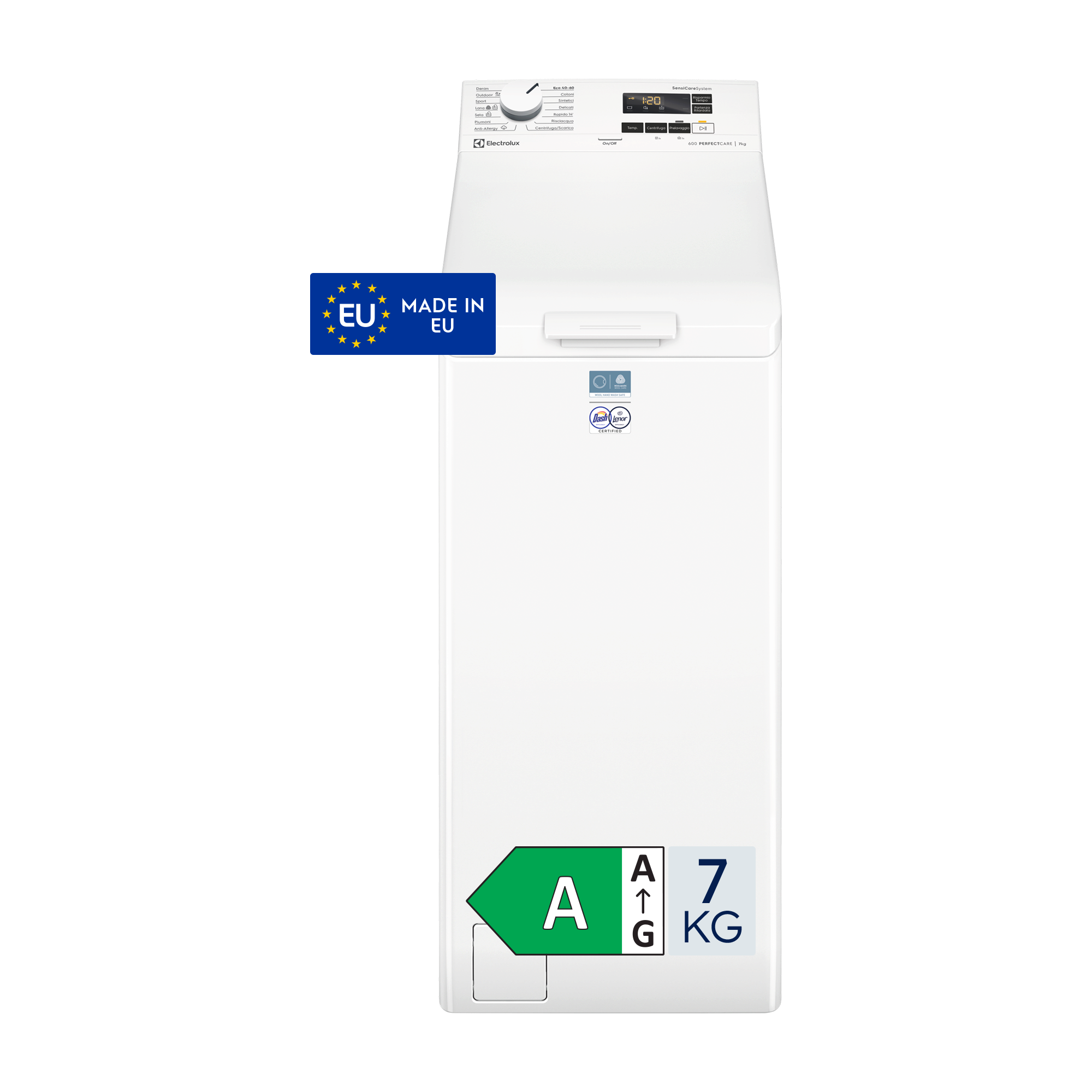 Una lavatrice Electrolux bianca con etichette UE ed efficienza energetica.
