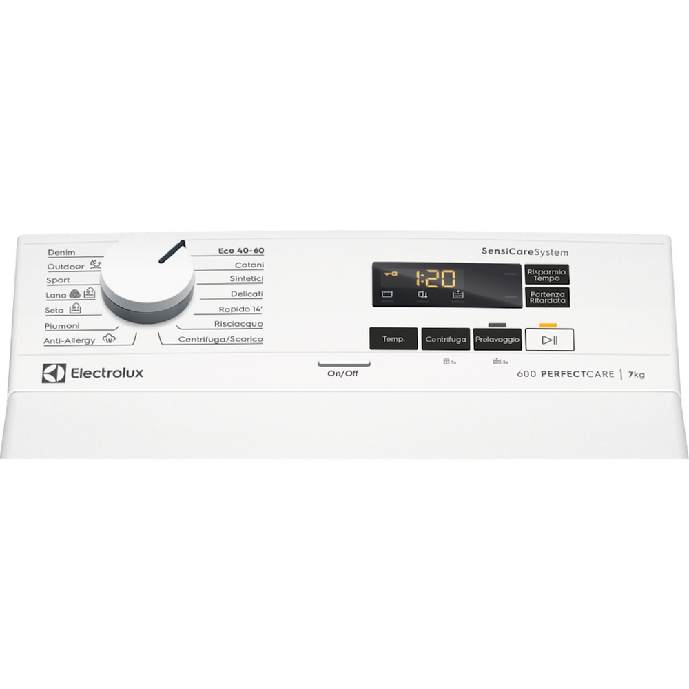 Pannello di controllo di una lavatrice Electrolux bianca con selettore programmi e display.